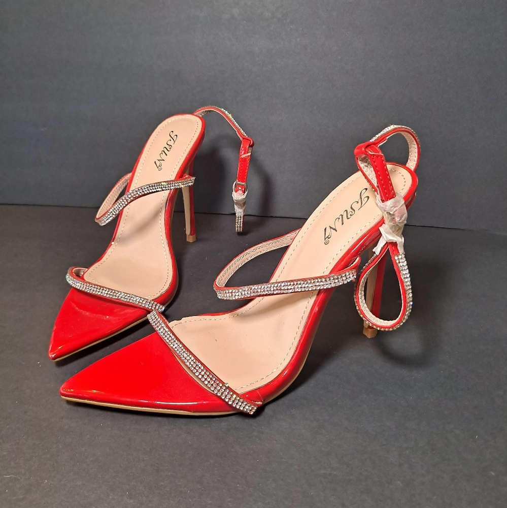 Stylish Red Heels with Rhinestone Straps. Size 40 (9.5). New